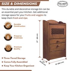 the size and measurements of a wooden kitchen cabinet with two drawers, one door open to reveal