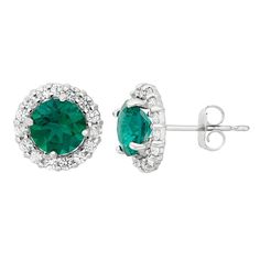 Round-cut, lab-created emerald stones framed by white topaz stones create a breathtaking halo design on these 10k white gold stud earrings.EARRING DETAILS Diameter: 9.2 mm Backings: post Metal: 10k white gold STONE DETAILS Stone type: lab-created emerald, genuine white topaz Shape: round Setting: prong  Size: One Size. Color: Green. Gender: female. Age Group: adult. Emerald Earrings With Halo Setting, Round Emerald Earrings With Halo Setting, Emerald Halo Setting Round Earrings, Diamond Halo Setting Earrings For May Birthstone, Diamond Halo Earrings For May Birthstone, Fine Jewelry Emerald Earrings With Halo Setting, Emerald Earrings In Halo Setting Fine Jewelry, Elegant May Birthstone Earrings With Halo Setting, Elegant Earrings With Halo Setting For May Birthstone