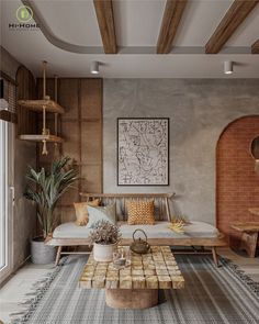 a living room with a couch, coffee table and potted plant