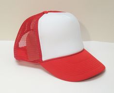 RED/White TRUCKER HAT.  Great for customization! This auctions is 1 BRAND NEW foam/mesh adjustable "trucker hat".  The foam front-panel is blank (white), the mesh netting is RED and the Bill (Brim) is RED.  These hats make great promotional items, and are perfect for customizing with your own design or logo.   Hat will be shipped directly to you from our location in So. California within one business day after payment is received.  Other colors are also available.  Please send a message with any White Mesh 5-panel Trucker Hat, White Mesh Baseball Hats For Baseball Season, White Mesh Hat For Baseball Season, White Mesh 5-panel Baseball Cap, White Mesh Snapback Hat For Baseball Season, White Mesh Snapback Hat For Baseball, White Mesh Hat For Sports Events, White Trucker Hat For Sports Events, Red 5-panel Trucker Hat For Sports Events