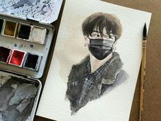 a watercolor painting of a person wearing a face mask