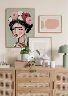 an image of a woman with flowers in her hair on top of a wooden cabinet