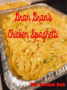 an image of a chicken spaghetti dish with text overlay that reads, araan mann's chicken spaghetti the devilish dish