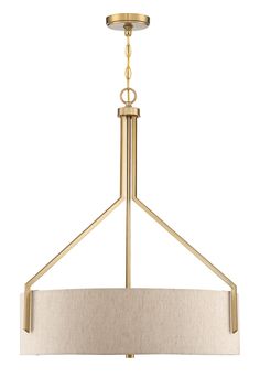 a chandelier with a beige shade hanging from the ceiling