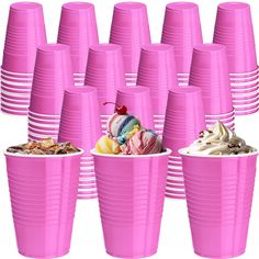 pink cups filled with different types of ice cream