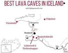 the best lava caves in iceland map with locations and their names on it's side