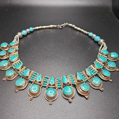 Beautiful, Stunning Blue Turquoise And Silver Choker Statement Piece. Heavy, Has Silver And Turquoise Beads. Never Worn. Piece Is Not Marked. It Is Handmade. Really Stunning Piece Of Jewelry. In Perfect Condition. Please Review Images Carefully Prior To Purchase, All Sales Are Final Traditional Round Blue Turquoise Necklace, Traditional Round Turquoise Necklace, Traditional Blue Round Turquoise Necklace, Traditional Blue Turquoise Necklace, Turquoise Choker, Silver Choker, Source Unknown, Jewelry Silver, Blue Turquoise