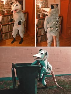 a collage of photos shows a dog dressed as a person in a costume and holding a trash can