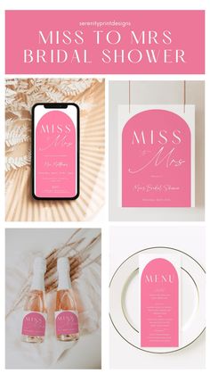 pink and white wedding stationery with text that reads, miss to mrs bridal shower