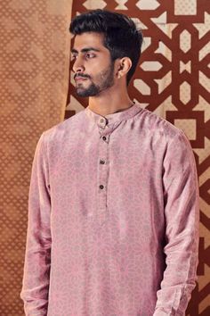 Men's Pink Printed Kurta with Pant | Cotton Crepe Kurta with Pant Set | Kurta Sets Blouse Yoke, Pink Kurta, Kurta With Pants, Desi Fashion, Edgy Look, Kurta Set, Pant Set, Cotton Pants, Mandarin Collar