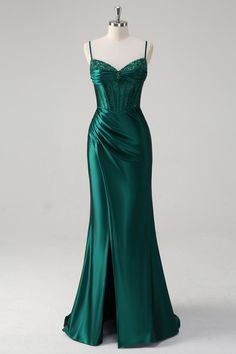 ZAPAKA Women Sparkly Corset Dark Green Mermaid Prom Dress with Slit Spaghetti Straps Beaded Formal Dress Light Green Prom Dresses, Emerald Green Prom Dress Long, Light Green Prom Dress, Green Mermaid Prom Dress, Dark Green Prom Dress, Green Prom Dress Long, Fabric Lighting, Emerald Green Prom Dress, Beaded Formal Dress