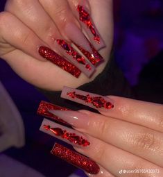 Long Acrylic Nail Designs With Rhinestones, Long Christmas Acrylic Nails Red, Baddie Red Nails Acrylic, Red And Silver Quince Nails, Red Nails Birthday Set, Red French Tip Nails With Diamonds, Xl Red Nails, Red Rhinestone French Tip Nails, Red Nails With Diamonds Rhinestones