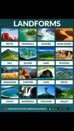 an image of landforms poster with the names and pictures on each side, including mountains,