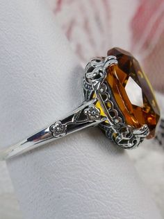 Orange Citrine Ring, 6 carat simulated citrine, oval gem, Sterling Silver floral filigree, Edward design #D70 Orange Citrine, Antique Filigree, Edwardian Jewelry, Citrine Ring, Citrine Gemstone, Filigree Ring, Silver Filigree, Leaf Design, Cognac