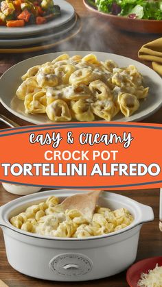 an easy and creamy crock pot tortellini alfredo is ready to be eaten