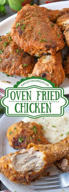 the cover of oven fried chicken on a white plate