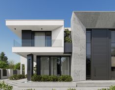 two modern houses with large windows and balconies on the outside, surrounded by greenery