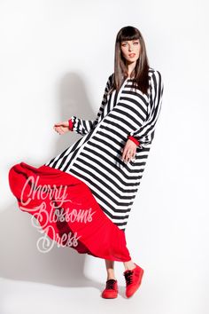 "Lovely Black and White stripes Maxi dress for Spring Summer Collection! Cut from a light viscose fabric , this maxi dress with sleeves feels like a second skin. Very comfy, easy to wear and easy to care, this is a must have garment for Spring Summer! Wear it with elegant sandals , balerinas , flats , platforms , pompom sandals ♥ Fabrication : Stretchy Viscose COLOR : Black and White stripes with red ♥ Length Front : 110 cm / 43.3 \" Length Back : 130 cm / 51 '' Size : Please see the size chart Casual Long Striped Dresses, Striped Long Sleeve Maxi Dress For Summer, Long Sleeve Striped Maxi Dress For Summer, Chic Long Striped Dress, Striped Tunic Dress For Spring, Spring Long-sleeve Viscose Dresses, Spring V-neck Rayon Shirt Dress, Spring Long Sleeve Viscose Dresses, Casual Red Long Sleeve Dress For Spring