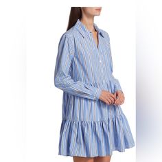 Veronica Bear Atari Tiered Shirt Dress Size 2 Brand New With Tags Preppy Collared Dresses For Spring, Preppy Long Sleeve Summer Dresses, Preppy Spring Daywear Dresses, Preppy Daywear Dresses For Spring, Preppy Spring Day Dresses, Blue Collared Dress With Ruffles, Light Blue Collared Cotton Dress, Chic Blue Cotton Shirt Dress, Blue Button-up Daywear Dress