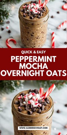 peppermint mocha overnight oats in a mason jar with candy canes