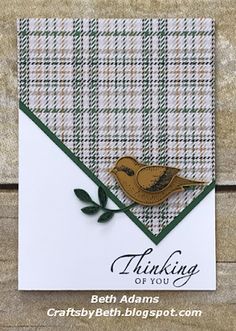 a card with a bird on it and the words thinking of you written in green