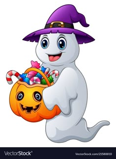 a cartoon ghost holding a pumpkin and candy in it's hand while wearing a witches hat