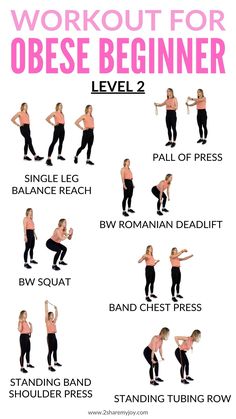 a woman doing exercises with the words workout for obese beginner level 2 on it