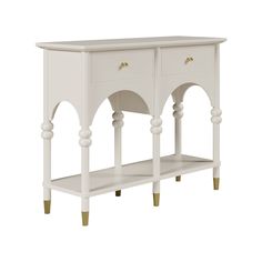 a white wooden table with two drawers on one side and an arched design on the other