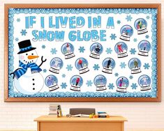 a bulletin board with snow globes on it