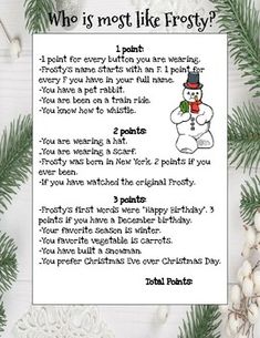 a christmas poem with a snowman on it and pine branches in the background that says, who is most like frosty?