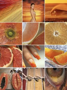 a collage of different pictures with oranges and other things in them, including an image of a woman's face