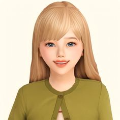 an animated image of a woman with blonde hair and blue eyes wearing a green shirt