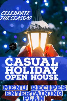 a flyer for the casual holiday open house, featuring an image of a lamp postcard