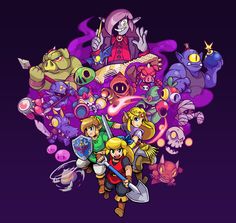 the legend of zelda is surrounded by many different characters and their respective colors, including purple