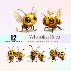 some very cute little bees with big eyes on them's faces and legs, all in different poses