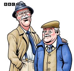 two older men are standing next to each other, one is wearing a hat and the other has a blue coat