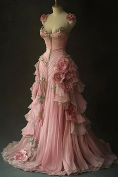 Pink Flower Wedding Dress, Extravagant Dresses Fairytale, Aphrodite Fashion, Pink Fantasy Dress, Rose Petal Dress, Pink Rose Dress, Long Ball Gown, Tulle Sleeves, Line Flower