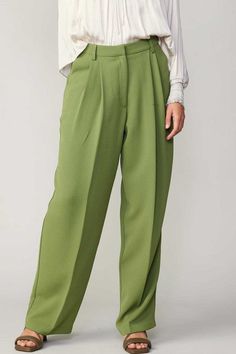 Pintucked trouser with back welt pocket detail, available in olive. Pair with our olive one button belted jacket (Style #232102-1) for the complete look! 100% Polyester Chic Olive Bottoms For Spring, Chic Olive Pants For Spring, Chic Olive High-waisted Pants, Green Bottoms For Workwear In Fall, Olive Tapered Leg Pants For Spring, Spring Olive Tapered Leg Pants, Tailored Green Dress Pants For Fall, Chic Olive Trousers, Green Business Casual Bottoms For Fall