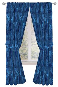 a window with blue curtains in front of it