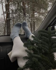 someone's feet in the passenger seat of a car with snow on the ground