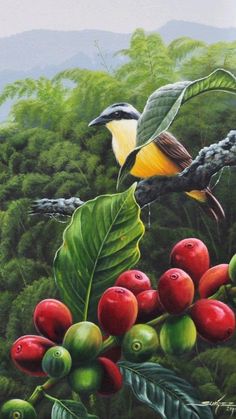 a painting of two birds on a branch with berries and leaves in the foreground