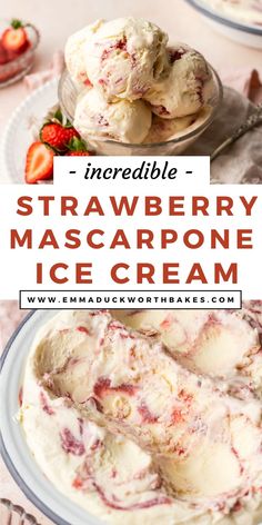 strawberry mascarpone ice cream with strawberries in the background