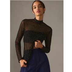 Care & Content Polyester; Polyester, Elastane Trim Back Keyhole With Button Pullover Styling Hand Wash Imported Size & Fit Standard: 34"L Mesh Turtleneck, Sheer Mesh Top, Mesh Tops, Fitted Blouses, Anthropologie Top, Long Sleeve Turtleneck, Solid Clothes, Sheer Top, Evening Attire