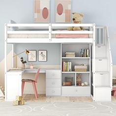 a white loft bed with desk underneath and stairs leading up to the top bunkbed