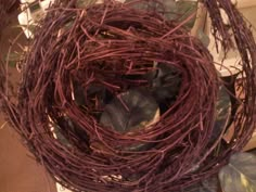 a close up of a bird nest on a table