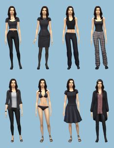 six female mannequins are shown in various poses, all wearing black clothing