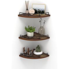 three wooden shelves with plants and pictures on them