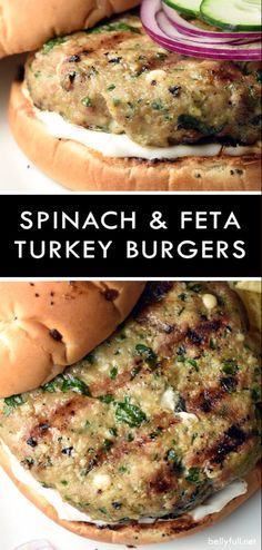 spinach and feta turkey burgers with cucumbers on the side are shown