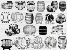 various types of barrels and barrels on a wooden background illustration by hand drawing, black and white