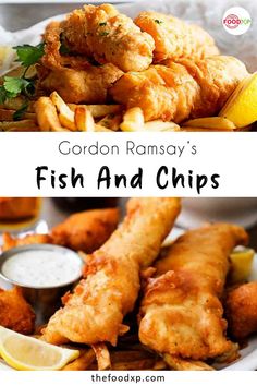 gordon ramsay's fish and chips on a plate with lemon wedges next to it